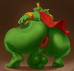  anthro anus balls big_anus big_butt butt butt_slap cape clothing crocodilian crown dagapuff donkey_kong_(series) green_body hi_res huge_butt king_k._rool kremling looking_at_viewer looking_back male nintendo overweight overweight_male penis reptile scalie sharp_teeth slap solo tailless teeth video_games 