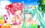  2girls absurdres aqua_bikini aqua_eyes aqua_hair beach bikini bird blue_sky breasts cloud cloudy_sky collarbone commentary crazy_straw day drill_hair drinking_straw eyewear_on_head flamingo flower food food_in_mouth fruit green_jacket hair_flower hair_ornament hatsune_miku heart heart-shaped_eyewear heart_straw highres jacket jacket_removed kasane_teto long_hair looking_at_viewer multiple_girls nail_polish ocean outdoors palm_tree pineapple popsicle red_bikini red_eyes red_hair short_hair shoulder_blush sky small_breasts striped striped_bikini summer swimsuit tree twin_drills twintails utau very_long_hair vocaloid xaruex yellow_jacket 