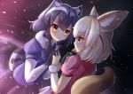  1girl absurdres animal_ear_fluff animal_ears bangs black_gloves black_hair black_skirt blonde_hair blue_shirt blush common_raccoon_(kemono_friends) elbow_gloves eye_contact eyebrows_visible_through_hair fennec_(kemono_friends) fox_ears fox_tail from_behind fur-trimmed_gloves fur_collar fur_trim gloves gradient gradient_background gradient_gloves grey_hair grimace highres holding_hands interlocked_fingers kemono_friends looking_at_another petals pink_shirt puffy_short_sleeves puffy_sleeves purple_background raccoon_ears raccoon_tail sachisudesu shirt short_hair short_sleeves skirt smile standing tail white_gloves white_hair white_skirt yellow_eyes yellow_gloves yuri 