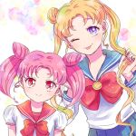  2girls :p bangs bishoujo_senshi_sailor_moon blonde_hair blue_eyes blue_sailor_collar blue_skirt brooch bubble_background chibi_usa double_bun earrings eyebrows_visible_through_hair holding holding_hair jewelry juuban_middle_school_uniform light_blush long_hair long_sleeves looking_at_viewer multicolored multicolored_background multiple_girls one_eye_closed parted_bangs pink_hair red_eyes red_ribbon red_sailor_collar ribbon sailor_collar school_uniform serafuku shiny shiny_hair short_sleeves skirt sleeve_cuffs smile sparkle stud_earrings suriringo24 tongue tongue_out tsukino_usagi twintails upper_body white_background 
