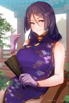  1girl bangs bare_shoulders blush breasts china_dress chinese_clothes closed_mouth dress earrings fan fate/grand_order fate_(series) floral_print folding_fan gloves hair_between_eyes heroic_spirit_traveling_outfit jewelry large_breasts long_hair looking_at_viewer minamoto_no_raikou_(fate/grand_order) muki_(mayuiki) parted_bangs pelvic_curtain purple_dress purple_eyes purple_gloves purple_hair side_slit smile solo very_long_hair 