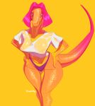  2019 anthro breasts clothed clothing crackiepipe digital_media_(artwork) dinosaur dromaeosaurid female front_view hair hands_on_hips hi_res long_hair long_tail looking_at_viewer multicolored_scales multicolored_tail non-mammal_breasts orange_scales orange_tail panties pink_eyes pink_hair pink_scales pink_tail portrait purple_clothing purple_panties purple_underwear reptile scales scalie shirt simple_background smile smirk solo standing t-shirt theropod thigh_gap three-quarter_portrait topwear translucent translucent_clothing two_tone_tail underwear velociraptor wet wet_clothing wet_shirt wet_topwear white_clothing white_shirt white_topwear wide_hips yellow_background yellow_scales 