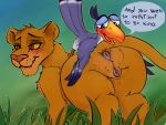  2018 4:3 animal_genitalia animal_pussy anus avian bird blue_feathers blush bodily_fluids brown_eyes brown_fur bucerotiform butt canine_pussy cashier:3 crossgender dialogue disney duo english_text feathers felid feline_pussy female feral fur genital_fluids grass hornbill lion male mammal outside pantherine post_transformation pussy pussy_juice rear_view simba smile text the_lion_king yellow_sclera zazu 
