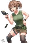  1girl brown_hair commentary english_commentary flashlight glock green_eyes gun handgun highres holding holding_gun holding_weapon jpc knee_pads magazine_(weapon) original pistol ponytail reloading short_shorts shorts single_knee_pad sleeveless solo thighhighs trigger_discipline watch weapon white_background wristwatch 