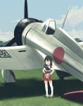  1girl a5m aircraft airplane akagi_(kantai_collection) annin_musou bandaid bandaid_on_face black_hair blue_sky cloud commentary_request day full_body geta grass hakama hakama_skirt hands_in_pockets highres japanese_clothes kantai_collection long_hair muneate open_mouth outdoors red_hakama round_teeth sandals sky smile solo standing straight_hair tasuki teeth thighhighs upper_teeth white_legwear younger 