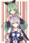  2girls :d artist_name bandaged_arm bandages blue_eyes cake_no_shaberu dated detached_sleeves green_hair hair_flaps highres kantai_collection multiple_girls open_mouth purple_hair remodel_(kantai_collection) sleeveless smile umikaze_(kantai_collection) yamakaze_(kantai_collection) 