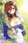  1girl bare_shoulders blue_eyes blurry blush breasts brown_hair chair cleavage closed_mouth collarbone depth_of_field dress flower from_above gijang gloves go-toubun_no_hanayome grass hair_between_eyes hairband hand_up headphones headphones_around_neck highres large_breasts lens_flare long_hair looking_at_viewer nakano_miku pillow purple_flower sitting sleeveless sleeveless_dress solo strapless strapless_dress wedding_dress white_dress white_gloves 