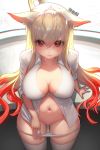  1girl absurdres animal_ears blonde_hair breasts chromatic_aberration cleavage closed_mouth dungeon_and_fighter egk513 eyebrows_visible_through_hair eyes_visible_through_hair hair_between_eyes highres huge_filesize large_breasts long_hair looking_at_viewer multicolored_hair navel panties panty_pull pussy pussy_juice red_eyes red_hair shirt solo thighhighs two-tone_hair underwear white_legwear white_panties white_shirt 