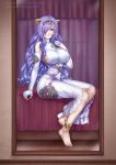 1girl barefoot bed breasts camilla_(fire_emblem) dress fingerless_gloves fire_emblem fire_emblem_fates fire_emblem_heroes gloves hair_over_one_eye jyu_ichi large_breasts long_hair parted_lips purple_eyes purple_hair sitting solo tiara watermark web_address white_dress white_gloves 