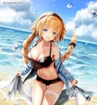  1girl :d ayakawa_riku bangs beach bikini black_bikini black_bow black_hairband blonde_hair blue_eyes blue_jacket blue_sky blurry bow braid breasts cleavage collarbone commentary_request day depth_of_field eyebrows_visible_through_hair fate/apocrypha fate/grand_order fate_(series) frilled_bikini frills front-tie_bikini front-tie_top hair_bow hairband holding horizon jacket jeanne_d&#039;arc_(fate)_(all) jeanne_d&#039;arc_(swimsuit_archer) large_breasts leaning_forward long_hair long_sleeves navel ocean off_shoulder open_clothes open_jacket open_mouth outdoors single_bare_shoulder single_braid sky smile solo stomach swimsuit thigh_gap thigh_strap towel twitter_username very_long_hair water water_drop 
