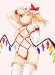  1girl alternate_costume arm_up ascot blonde_hair blush bow breasts choker cowboy_shot crystal detached_sleeves fangs flandre_scarlet groin hand_up hat hat_bow highres leg_ribbon leotard looking_at_viewer miyo_(ranthath) mob_cap navel nipples o-ring one_eye_closed one_side_up pink_background red_bow red_choker red_eyes red_leotard revealing_clothes ribbon ribbon_choker short_hair simple_background single_sleeve small_breasts solo standing stomach thighhighs thighs touhou white_headwear white_legwear wings wrestling_outfit wrist_cuffs yellow_neckwear yellow_ribbon 