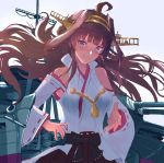  1girl ahoge brown_hair commentary_request detached_sleeves double_bun eriyama_(user_csua4255) hairband hands_on_hips headgear highres kantai_collection kongou_(kantai_collection) long_hair looking_at_viewer machinery popped_collar purple_eyes remodel_(kantai_collection) ribbon-trimmed_sleeves ribbon_trim simple_background solo white_background 