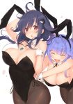 2girls :d :o ^_^ ahoge animal_ears bare_shoulders black_leotard blue_hair blush breasts brown_legwear bunny_ears bunnysuit closed_eyes collarbone commentary_request fake_animal_ears fang floating_hair hair_flaps hair_ornament hair_ribbon hairband hand_up highres i-19_(kantai_collection) jewelry kagerou_(shadowmage) kantai_collection large_breasts leotard long_hair looking_at_viewer low_twintails multiple_girls necklace open_mouth pantyhose purple_hair red_eyes ribbon simple_background skin_fang smile taigei_(kantai_collection) tri_tails twintails white_background wrist_cuffs 