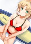  1girl bangs bare_arms bare_shoulders bikini blonde_hair braid breasts cleavage eyebrows_visible_through_hair fate/grand_order fate_(series) from_above green_eyes highres large_breasts long_hair looking_at_viewer mordred_(fate)_(all) mordred_(swimsuit_rider)_(fate) nanakaku navel parted_bangs ponytail red_bikini sitting smile solo surfboard swimsuit 