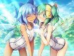  2girls ^_^ ass bangs bare_arms bare_shoulders blue_bow blue_hair blue_sky blush bow breasts chima_q cirno closed_eyes cloud collarbone commentary_request covered_nipples cowboy_shot daiyousei day eyebrows_visible_through_hair facing_another fairy_wings green_eyes green_hair hair_between_eyes hair_bow hand_on_own_chest highres ice ice_wings leaning_forward light_rays multiple_girls nose_blush one-piece_swimsuit open_mouth outdoors school_swimsuit shiny shiny_clothes short_hair side_ponytail skindentation sky small_breasts smile standing sweat swimsuit tan tanned_cirno thighs touhou tree v_arms white_swimsuit wings yellow_bow 