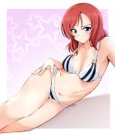  1girl bikini blush breasts cleavage collarbone commentary_request cowboy_shot cutie_panther kirisaki_reina looking_at_viewer love_live! love_live!_school_idol_project lying medium_breasts navel nishikino_maki on_side pink_background purple_eyes red_hair solo star starry_background striped striped_bikini swimsuit 