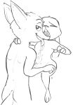  alec8ter anthro black_and_white bodily_fluids buckteeth butt canid canine cheek_tuft disney duo eyes_closed female fox half-closed_eyes hand_on_shoulder head_tuft judy_hopps lagomorph leporid licking looking_at_viewer looking_back male male/female mammal monochrome neck_tuft nick_wilde nude open_mouth rabbit saliva signature simple_background smile teeth tongue tongue_out tuft white_background zootopia 