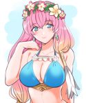  1girl bikini blonde_hair blue_eyes breasts cleavage closed_mouth earrings fire_emblem fire_emblem_heroes gradient_hair gunnthra_(fire_emblem) head_wreath jewelry large_breasts long_hair multicolored_hair pink_hair simple_background smile solo swimsuit upper_body yurige 