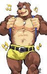  2019 41raco anthro banjo-kazooie banjo_(banjo-kazooie) bottomwear brown_fur clothing eyes_closed fur hi_res humanoid_hands jewelry male mammal muscular muscular_male musical_note navel necklace nipples pecs rareware shorts simple_background solo ursid video_games white_background 