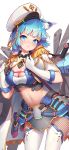  1girl :t aiguillette animal_ears blue_eyes blue_hair breasts cat_ears catxuan cleavage epaulettes gloves hat highres original riding_crop solo 