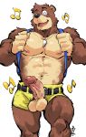  2019 41raco anthro balls banjo-kazooie banjo_(banjo-kazooie) bottomwear brown_fur clothing erection eyes_closed fur hi_res humanoid_hands humanoid_penis jewelry male mammal muscular muscular_male musical_note necklace nipples pecs penis rareware shorts simple_background solo ursid video_games white_background 