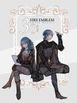  1boy 1girl armor black_armor blue_hair byleth byleth_(female) byleth_(male) closed_mouth copyright_name countdown crossed_legs fire_emblem fire_emblem:_three_houses high_heels holding krazehkai pantyhose paper_airplane short_hair sitting 