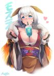  1girl 2019 artist_name blue_eyes blush breasts bridal_gauntlets bubble_tea bubble_tea_challenge character_name cleavage commentary drinking_straw fur_collar godzilla:_king_of_the_monsters godzilla_(series) grey_hair heart highres hiroki_ree japanese_clothes kimono large_breasts mothra personification 