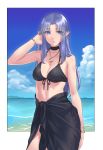  1girl beach bracelet breasts caster choker cloud crescent eyebrows_visible_through_hair fate/stay_night fate_(series) front-tie_bra highres hikichi_sakuya island jewelry lipstick long_hair makeup medium_breasts necklace pointy_ears purple_eyes purple_hair purple_lipstick sarong sky solo water 