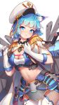  1girl :t aiguillette animal_ears blue_eyes blue_hair breasts cat_ears catxuan chinese_commentary cleavage epaulettes gloves hat highres original riding_crop solo 