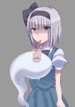  1girl arms_at_sides black_neckwear blue_eyes bow bowtie bubble_tea bubble_tea_challenge collared_shirt drinking drinking_straw expressionless eyebrows_visible_through_hair green_skirt green_vest grey_background hairband konpaku_youmu konpaku_youmu_(ghost) looking_at_viewer no_nose otowa_(otoha4634) shaded_face shirt short_hair short_sleeves skirt source_request touhou vest vest_over_shirt white_hair white_shirt 