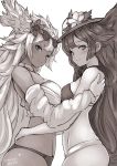  2girls artist_name bangs bare_shoulders bikini breast_press breasts closed_mouth commentary_request dark_skin dated eyebrows_visible_through_hair eyewear_on_head flower from_side granblue_fantasy greyscale hair_flower hair_ornament harut_(granblue_fantasy) hat highres hug long_hair looking_at_viewer marut_(granblue_fantasy) medium_breasts monochrome multiple_girls nosuku shiny shiny_hair shiny_skin sidelocks signature simple_background sunglasses swimsuit white_background 