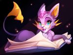  2019 black_background blue_eyes book digital_media_(artwork) eyewear felid feline fur glasses league_of_legends looking_at_viewer mammal open_mouth pacevanrign paws purple_fur riot_games simple_background smile solo tongue video_games yuumi_(lol) 