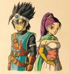  belt black_hair blue_eyes breasts brown_gloves cape circlet cleavage corset dragon_quest dragon_quest_xi dress earrings elbow_gloves gloves highres jewelry lee_(dragon_garou) long_hair marker_(medium) medium_breasts neck_ring official_style pink_eyes ponytail purple_hair roche_(dq11) senica_(dq11) sleeveless sleeveless_dress smile spiked_hair toriyama_akira_(style) traditional_media white_dress yellow_gloves 
