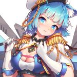  1girl :t aiguillette animal_ears blue_eyes blue_hair breasts cat_ears catxuan cleavage epaulettes gloves hat original riding_crop solo 