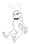  2016 alec8ter anthro black_and_white blush bow_tie bunny_costume clothed clothing costume disney fake_ears fake_rabbit_ears flat_chested half-closed_eyes judy_hopps lagomorph leporid mammal monochrome rabbit shirt_collar shirt_cuffs signature simple_background solo toeless_shoes white_background zootopia 