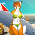  1:1 2019 ambiguous_gender anthro bikini black_nose blue_eyes breasts brown_hair canid canine clothed clothing day detailed_background excitedcargoyle female female_focus fox group hair hi_res looking_at_viewer mammal midriff navel outside smile solo_focus standing swimwear 