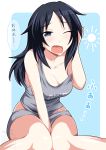  1girl between_legs black_hair blue_background blue_eyes blush breasts cleavage collarbone eyebrows_visible_through_hair freckles girls_und_panzer groin hand_between_legs highres large_breasts long_hair looking_at_viewer loungewear one_eye_closed ootori_masatsuna open_mouth shiny shiny_hair shorts simple_background sleepy solo tank_top translation_request yamagou_ayumi yawning 