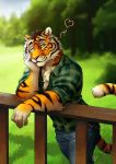  &lt;3 2019 anthro bottomwear brown_hair clothed clothing day detailed_background digital_media_(artwork) felid flannel fur hair jeans male mammal orange_fur outside pantherine pants plaid_shirt solo standing striped_fur stripes tasanko tasdraws tiger yellow_eyes 