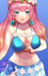  1girl bikini blonde_hair blue_background blue_eyes breasts cleavage earrings fire_emblem fire_emblem_heroes gradient_hair gunnthra_(fire_emblem) head_wreath jewelry jurge large_breasts long_hair multicolored_hair navel parted_lips pink_hair sarong simple_background solo swimsuit 
