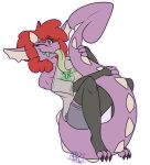  big_tail bodily_fluids bottomwear clothed clothing dragon drippy_dragon drooling female green_tongue grey_eyes hair hi_res horn leggings legwear marci midget one_eye_closed red_hair saliva shorts smile solo tail_hugging tongue wink 