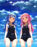  2girls :/ arms_at_sides bangs bare_arms bare_shoulders black_swimsuit blue_hair blue_sky closed_mouth cloud cloudy_sky collarbone covered_navel cowboy_shot day eyebrows_visible_through_hair highres kotonoha_akane kotonoha_aoi kurione_(zassou) legs_apart long_hair looking_at_viewer multiple_girls one-piece_swimsuit one_side_up outdoors pink_eyes pink_hair siblings sisters sky smile swimsuit voiceroid 