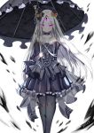  1girl abigail_williams_(fate/grand_order) aura bangs bare_shoulders black_bow black_dress black_flower black_headwear black_legwear black_rose black_umbrella blush bow breasts closed_mouth collarbone commentary_request dark_aura dress dust9 eyebrows_visible_through_hair fate/grand_order fate_(series) flower frilled_dress frills glowing glowing_eyes hair_bow hat highres holding holding_umbrella juliet_sleeves long_hair long_sleeves looking_at_viewer orange_bow pale_skin pantyhose parted_bangs pleated_dress puffy_sleeves purple_eyes rose see-through signature small_breasts smile solo strapless strapless_dress umbrella very_long_hair white_background white_hair 