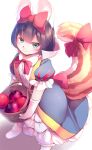  1girl absurdres animal_ears apple bangs basket black_hair blue_eyes bow bowtie character_request commentary_request duel_monster elbow_gloves eyebrows_visible_through_hair food fruit gloves hair_between_eyes hair_bow highres holding holding_basket kanzakietc looking_at_viewer puffy_short_sleeves puffy_sleeves red_bow red_neckwear short_hair short_sleeves simple_background smile solo tail tail_bow white_background white_gloves yuu-gi-ou 