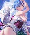  1girl areola_slip areolae arm_up armpits ass asymmetrical_bangs bangs blue_hair blush breasts cloud collarbone eyebrows_visible_through_hair eyes_visible_through_hair flower furisode grin hair_flower hair_ornament hairclip half-closed_eyes highres japanese_clothes kimono lipstick looking_at_viewer makeup medium_breasts mhk_(mechamania) obi obijime off_shoulder parted_lips petals re:zero_kara_hajimeru_isekai_seikatsu rem_(re:zero) sash short_hair sky smile solo teeth wide_sleeves x_hair_ornament 