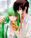  1boy 1girl :t bangs breasts brown_hair c.c. cleavage code_geass collarbone collared_shirt dress_shirt eating green_hair hair_between_eyes hand_in_another&#039;s_hair holding_pizza lelouch_lamperouge long_hair medium_breasts open_clothes open_shirt purple_eyes shiny shiny_hair shiny_skin shirt snfskn unbuttoned unbuttoned_shirt upper_body very_long_hair white_shirt wing_collar yellow_eyes 