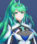  1girl absurdres blush breasts closed_mouth eyebrows_visible_through_hair green_eyes green_hair grimmelsdathird highres large_breasts looking_at_viewer pneuma_(xenoblade_2) ponytail spoilers upper_body xenoblade_(series) xenoblade_2 