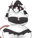  2019 anthro big_breasts blue_eyes bottomwear breasts cleavage clothed clothing digital_media_(artwork) female fur hair hat hayakain headgear headwear huge_breasts looking_at_viewer magic_user mammal mouse murid murine navel nora_watts_(lildredre) open_mouth rodent simple_background skirt skull smile solo standing thick_thighs tube_top voluptuous wand white_background white_fur wide_hips witch witch_hat 