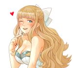  1girl bare_shoulders blonde_hair blue_eyes bow breasts charlotte_(fire_emblem) cleavage fire_emblem fire_emblem_fates hair_bow heart large_breasts long_hair nail_polish one_eye_closed open_mouth plaemon solo transparent_background upper_body 