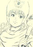  1girl bangs curly_hair dragon_quest dragon_quest_ii highres hood lee_(dragon_garou) monochrome portrait princess_of_moonbrook sketch smile solo staff 