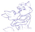  2017 alec8ter ambiguous/ambiguous ambiguous_gender anthro blush canid canine cheek_tuft clothed clothing disney duo embrace fox gideon_grey half-closed_eyes kissing looking_at_viewer mammal monochrome nick_wilde purple_and_white signature simple_background tuft white_background zootopia 